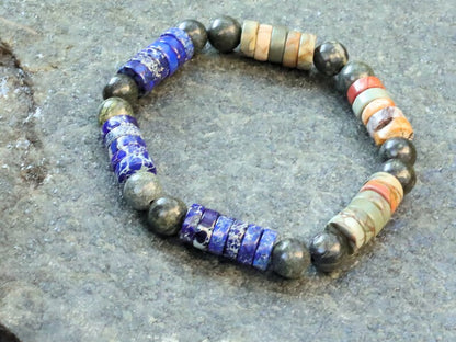 Heishi Gemstone Beads, Picasso Jasper Gemstone and Sea Sediment Jasper Lapis Blue. Combined with Natural Larvikite round beads.