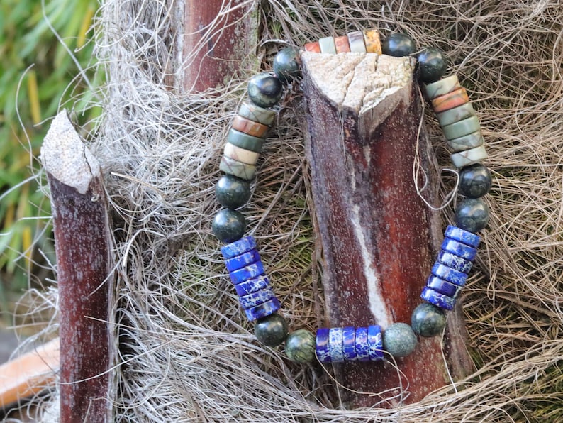 Heishi Gemstone Beads, Picasso Jasper Gemstone and Sea Sediment Jasper Lapis Blue. Combined with Natural Larvikite round beads.