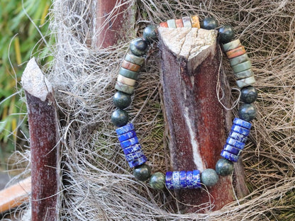 Heishi Gemstone Beads, Picasso Jasper Gemstone and Sea Sediment Jasper Lapis Blue. Combined with Natural Larvikite round beads.