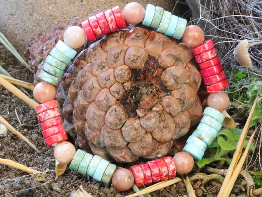 Heishi Gemstone Beads, Sea Sediment Jasper Red and turquoise blue . Combined with Cherry Blossom Jasper Beads round beads. Wajakaa