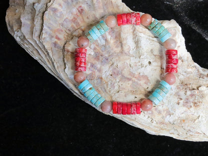 Heishi Gemstone Beads, Sea Sediment Jasper Red and turquoise blue . Combined with Cherry Blossom Jasper Beads round beads. Wajakaa