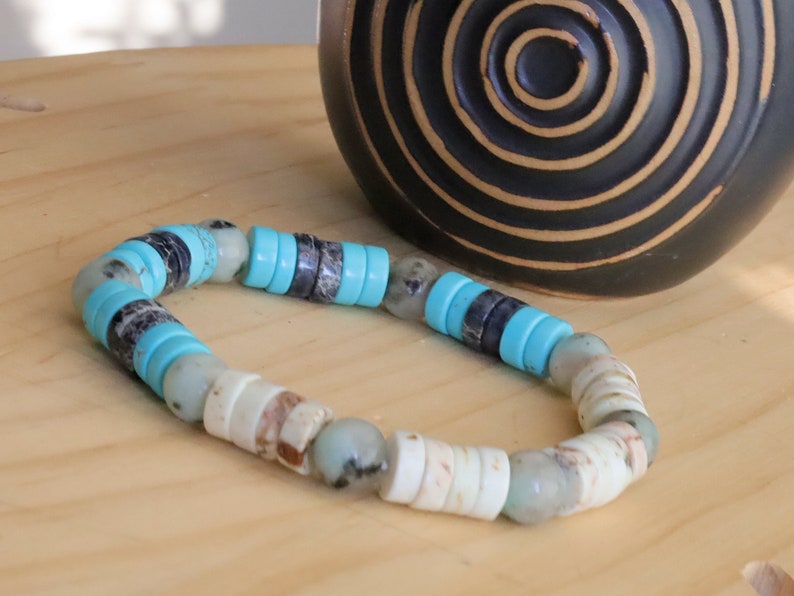 Heishi Gemstone Beads, Sea Sediment Jasper turquoise blue/ White White Turquoise. Tibetan Magical Natural Stripe Raja Kayu Bead King  Wood
