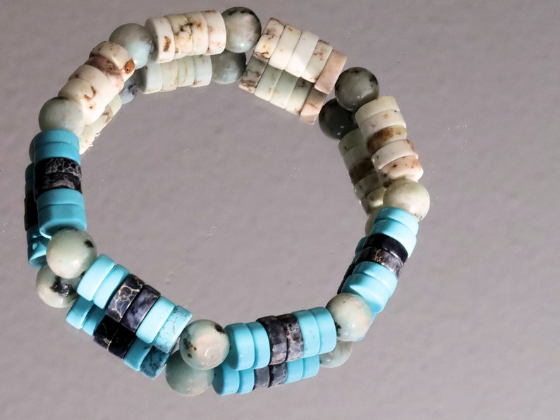 Heishi Gemstone Beads, Sea Sediment Jasper turquoise blue/ White White Turquoise. Tibetan Magical Natural Stripe Raja Kayu Bead King  Wood