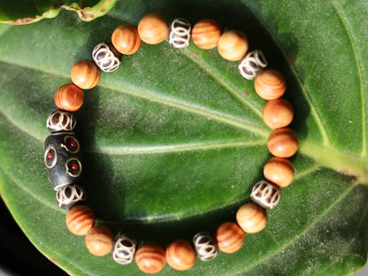 Lightweight unique combination Matte Raja Kayu Wood and Bone with Cashmere black red blue bead 28 x 10 mm.