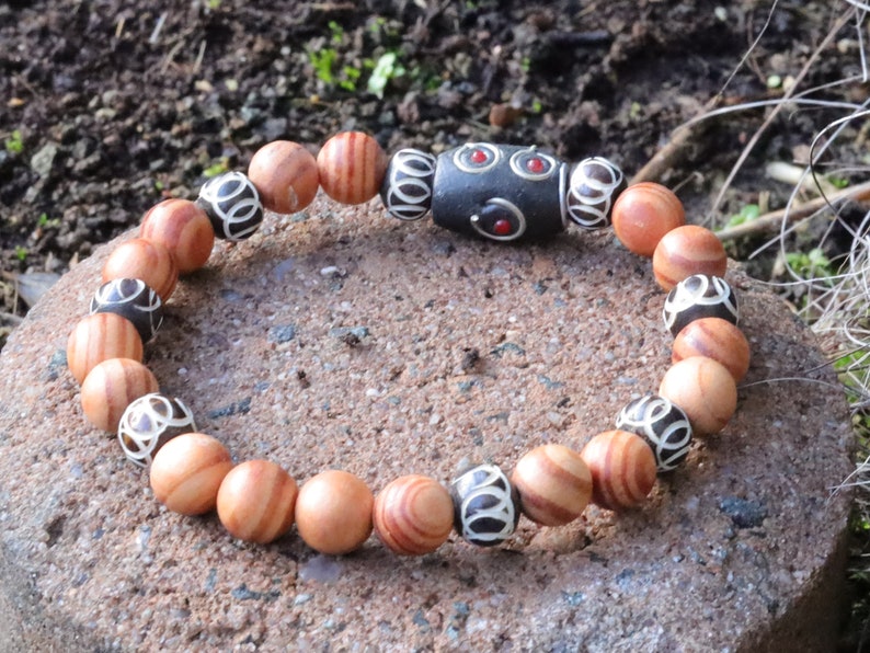 Lightweight unique combination Matte Raja Kayu Wood and Bone with Cashmere black red blue bead 28 x 10 mm.