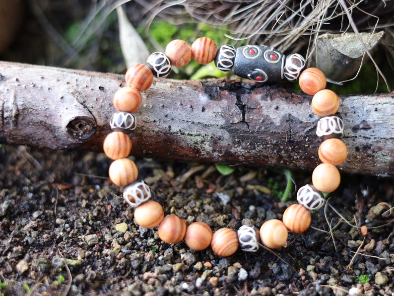 Lightweight unique combination Matte Raja Kayu Wood and Bone with Cashmere black red blue bead 28 x 10 mm.