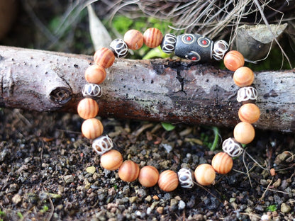 Lightweight unique combination Matte Raja Kayu Wood and Bone with Cashmere black red blue bead 28 x 10 mm.