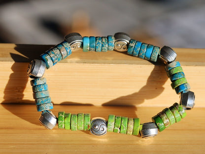 Heishi Gemstone Beads, Sea Sediment Jasper light blue and green with  2 Sided Yin Yang Spacer Beads , Taoism beads ,Tai Chi Beads