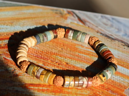 Heishi Gemstone Beads, Picasso Jasper Gemstone and Round Rudraksha beads. With beautiful Disc coconut beads 8mm Light brown