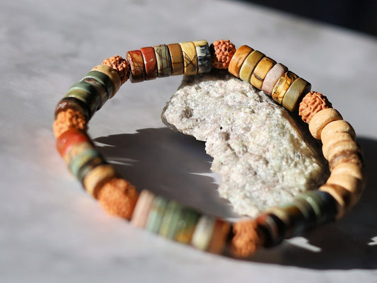 Heishi Gemstone Beads, Picasso Jasper Gemstone and Round Rudraksha beads. With beautiful Disc coconut beads 8mm Light brown