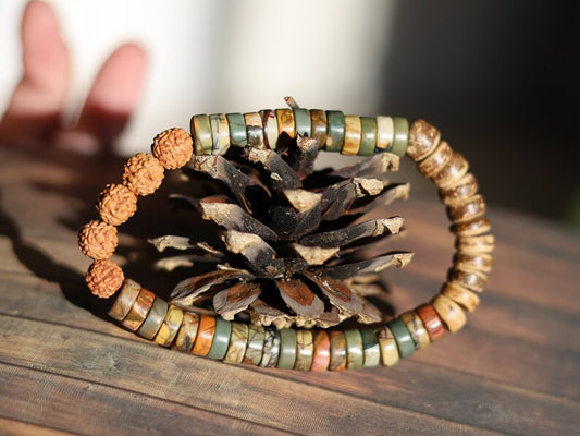 Design 2 Heishi Gemstone Beads, Picasso Jasper Gemstone and Round Rudraksha beads. With beautiful Disc coconut beads 8mm Light brown