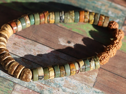 Design 2 Heishi Gemstone Beads, Picasso Jasper Gemstone and Round Rudraksha beads. With beautiful Disc coconut beads 8mm Light brown