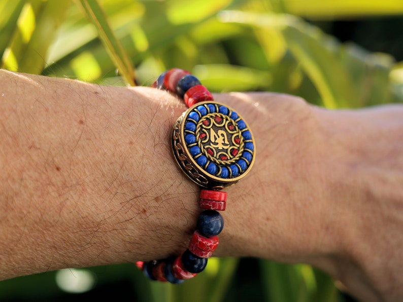 Natural Sodalite Beads, Round, 8mm and Heishi Gemstone Beads with  Handmade Indonesia Bead, with Brass Findings, Flat Round with Om Symbol
