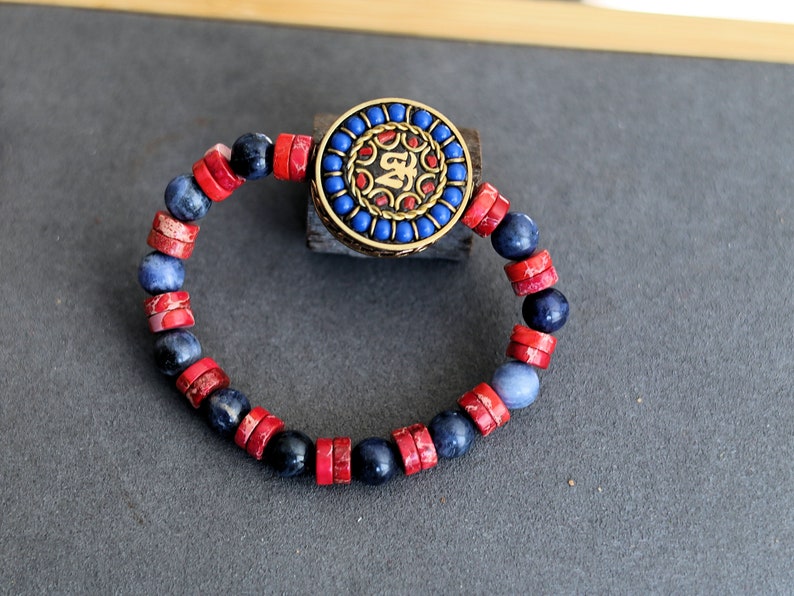 Natural Sodalite Beads, Round, 8mm and Heishi Gemstone Beads with  Handmade Indonesia Bead, with Brass Findings, Flat Round with Om Symbol