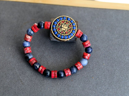 Natural Sodalite Beads, Round, 8mm and Heishi Gemstone Beads with  Handmade Indonesia Bead, with Brass Findings, Flat Round with Om Symbol