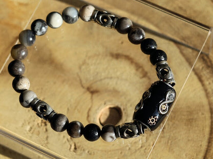 Natural Flower Amazonite Beads beaded bracelet Round, 8mm. Combined with Indonesia Beads, with Iron Core, Column, Black