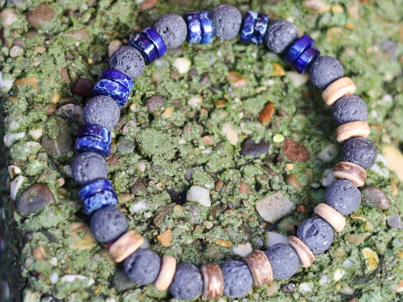 Heishi Gemstone Beads, Picasso Jasper Gemstone and grey Lava and beautiful Disc coconut beads. Super trendy for him & her
