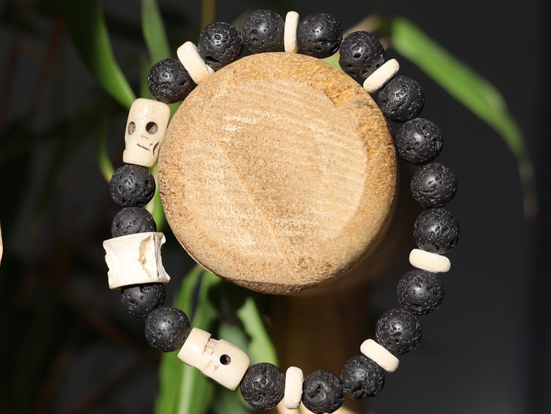 Handmade Tribal Fish-spine-bone bracelet with Lava, coconut and Great authentic & detailed hand-carved prayer beads, made of smoked Oxbone.