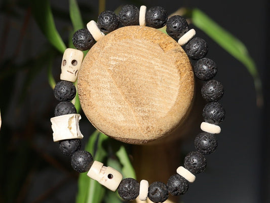 Handmade Tribal Fish-spine-bone bracelet with Lava, coconut and Great authentic & detailed hand-carved prayer beads, made of smoked Oxbone.