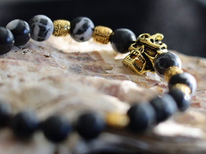 Bracelet Zebra Jaspers energy bracelet with Tibetan Style Alloy Bead, Dragon Head, Antique Golden and Tibetan Style Alloy Beads.