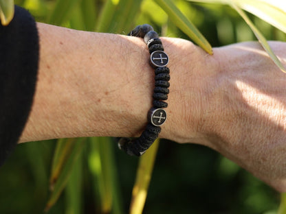 Natural Larvikite/Black Labradorite round beads and Heishi  Lava stones. Flat Round with Cross. providing strength and power