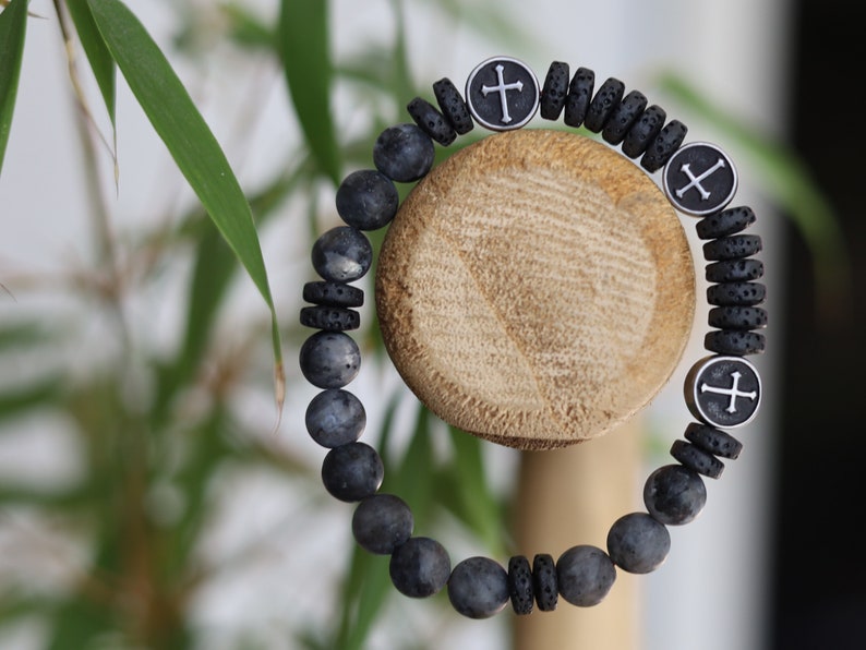 Natural Larvikite/Black Labradorite round beads and Heishi  Lava stones. Flat Round with Cross. providing strength and power
