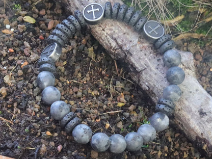 Natural Larvikite/Black Labradorite round beads and Heishi  Lava stones. Flat Round with Cross. providing strength and power