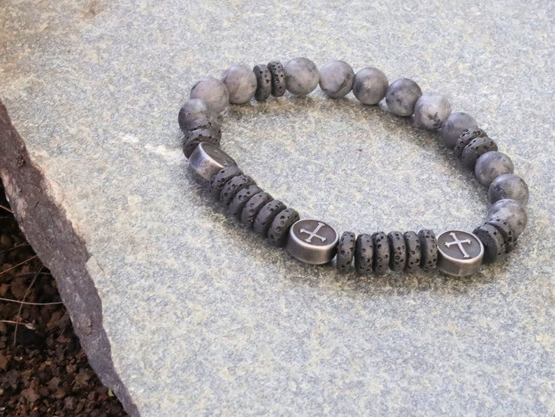 Natural Larvikite/Black Labradorite round beads and Heishi  Lava stones. Flat Round with Cross. providing strength and power