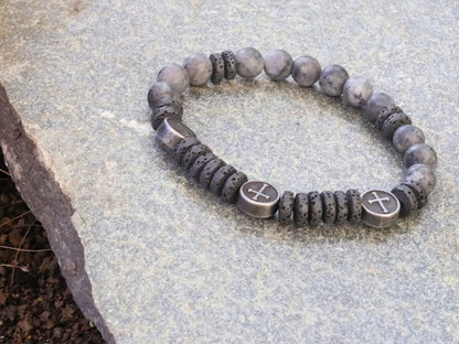 Natural Larvikite/Black Labradorite round beads and Heishi  Lava stones. Flat Round with Cross. providing strength and power