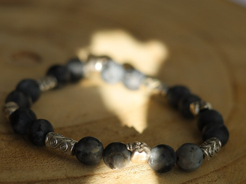Natural Larvikite/Black Labradorite round beads and Silver Plated Skull Spacer Beads. rotect you in your day to day activities