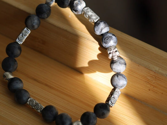 Natural Larvikite/Black Labradorite round beads and Silver Plated Skull Spacer Beads. rotect you in your day to day activities