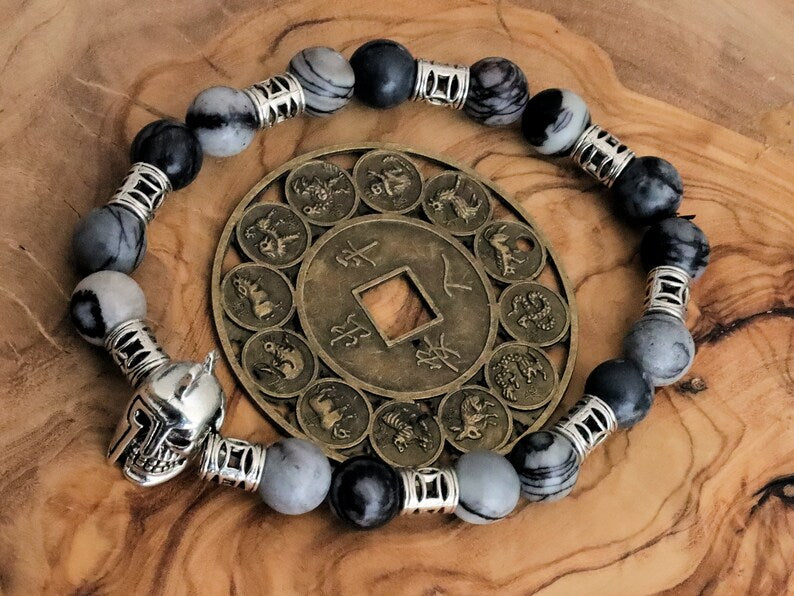 Black Silk Stone/Netstone Beads bracelet with warrior knight skull and 9x spacer bead Detailed decoration.