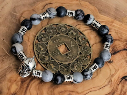 Black Silk Stone/Netstone Beads bracelet with warrior knight skull and 9x spacer bead Detailed decoration.
