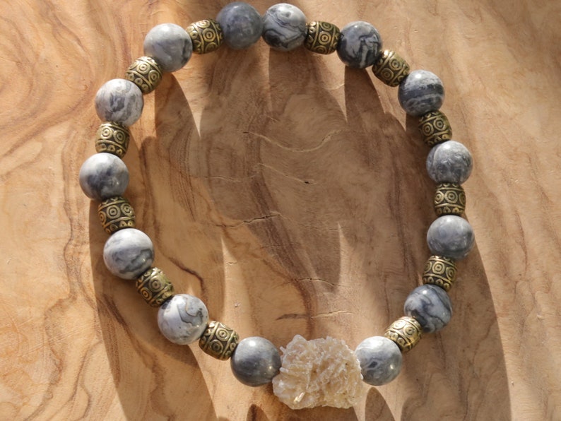 Round Natural Map Stone/Picasso Stone/Picasso Jasper Beads with Gypsum Desert Rose Genuine. Combined with Tibetan Style Alloy Beads