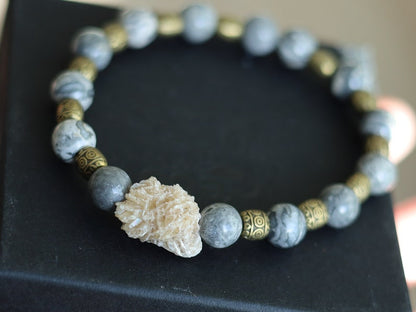 Round Natural Map Stone/Picasso Stone/Picasso Jasper Beads with Gypsum Desert Rose Genuine. Combined with Tibetan Style Alloy Beads
