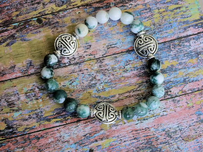 Intrinsic Natural Tree Agate bracelet with Tibetan Style Alloy Beads, Flat Round with Flower Pattern, Antique Silver.