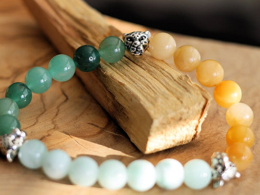 Tri Magnificent Bracelet with Aventurine,  Candy Jade and Aquamarine beads. Combined with Bead panther Silver