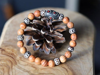 Lightweight unique combination Matte Raja Kayu Wood and Bone with Cashmere black red blue bead 28 x 10 mm.