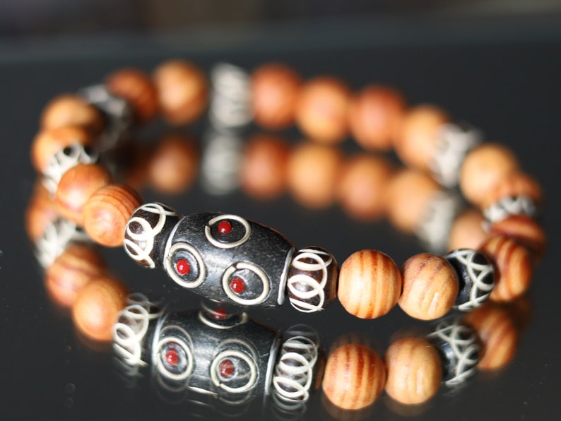 Lightweight unique combination Matte Raja Kayu Wood and Bone with Cashmere black red blue bead 28 x 10 mm.