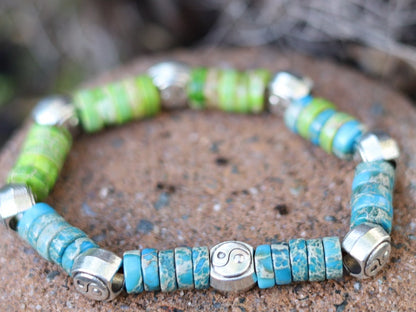 Heishi Gemstone Beads, Sea Sediment Jasper light blue and green with  2 Sided Yin Yang Spacer Beads , Taoism beads ,Tai Chi Beads