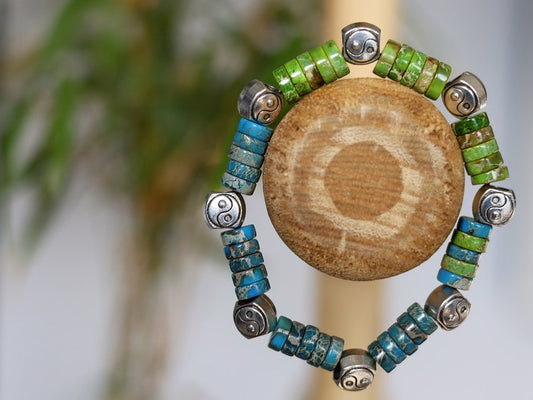 Heishi Gemstone Beads, Sea Sediment Jasper light blue and green with  2 Sided Yin Yang Spacer Beads , Taoism beads ,Tai Chi Beads