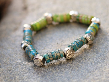 Heishi Gemstone Beads, Sea Sediment Jasper light blue and green with  2 Sided Yin Yang Spacer Beads , Taoism beads ,Tai Chi Beads