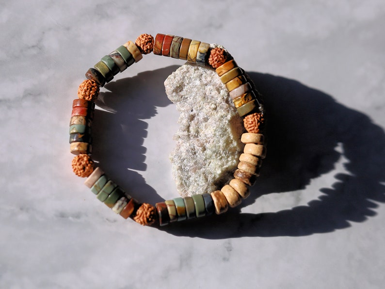 Heishi Gemstone Beads, Picasso Jasper Gemstone and Round Rudraksha beads. With beautiful Disc coconut beads 8mm Light brown