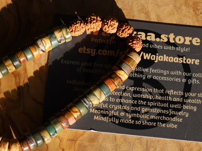 Design 2 Heishi Gemstone Beads, Picasso Jasper Gemstone and Round Rudraksha beads. With beautiful Disc coconut beads 8mm Light brown