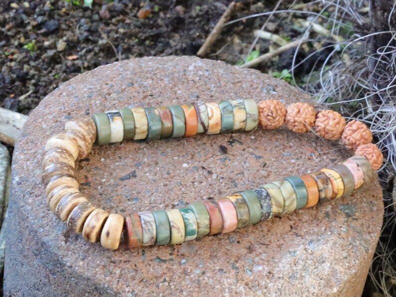 Design 2 Heishi Gemstone Beads, Picasso Jasper Gemstone and Round Rudraksha beads. With beautiful Disc coconut beads 8mm Light brown