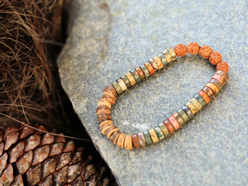 Design 2 Heishi Gemstone Beads, Picasso Jasper Gemstone and Round Rudraksha beads. With beautiful Disc coconut beads 8mm Light brown