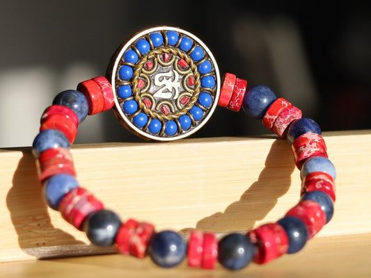 Natural Sodalite Beads, Round, 8mm and Heishi Gemstone Beads with  Handmade Indonesia Bead, with Brass Findings, Flat Round with Om Symbol
