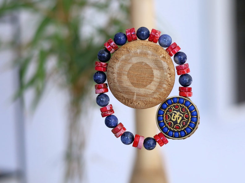 Natural Sodalite Beads, Round, 8mm and Heishi Gemstone Beads with  Handmade Indonesia Bead, with Brass Findings, Flat Round with Om Symbol