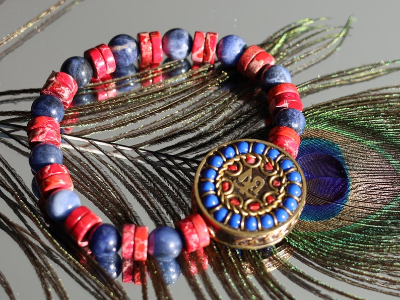 Natural Sodalite Beads, Round, 8mm and Heishi Gemstone Beads with  Handmade Indonesia Bead, with Brass Findings, Flat Round with Om Symbol