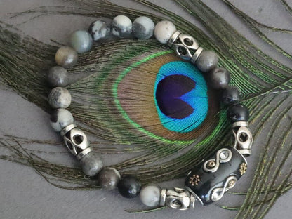 Natural Flower Amazonite Beads beaded bracelet Round, 8mm. Combined with Indonesia Beads, with Iron Core, Column, Black